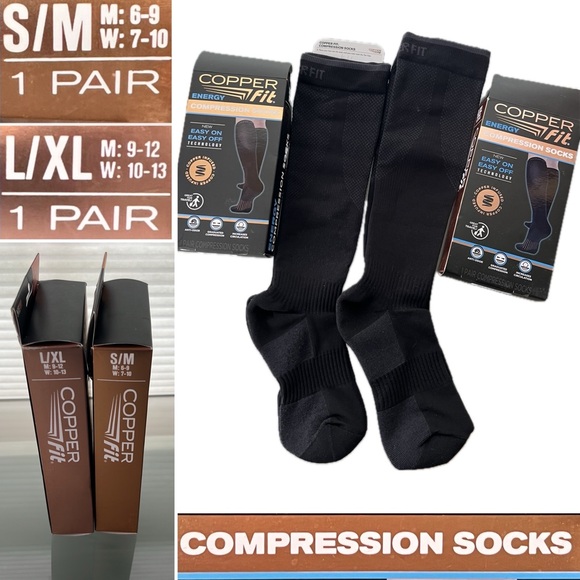 ✈️2 Pairs Compression Travel Socks | Copper Fit | 1 S/M & 1 L/XL Unisex | Black - Picture 1 of 17
